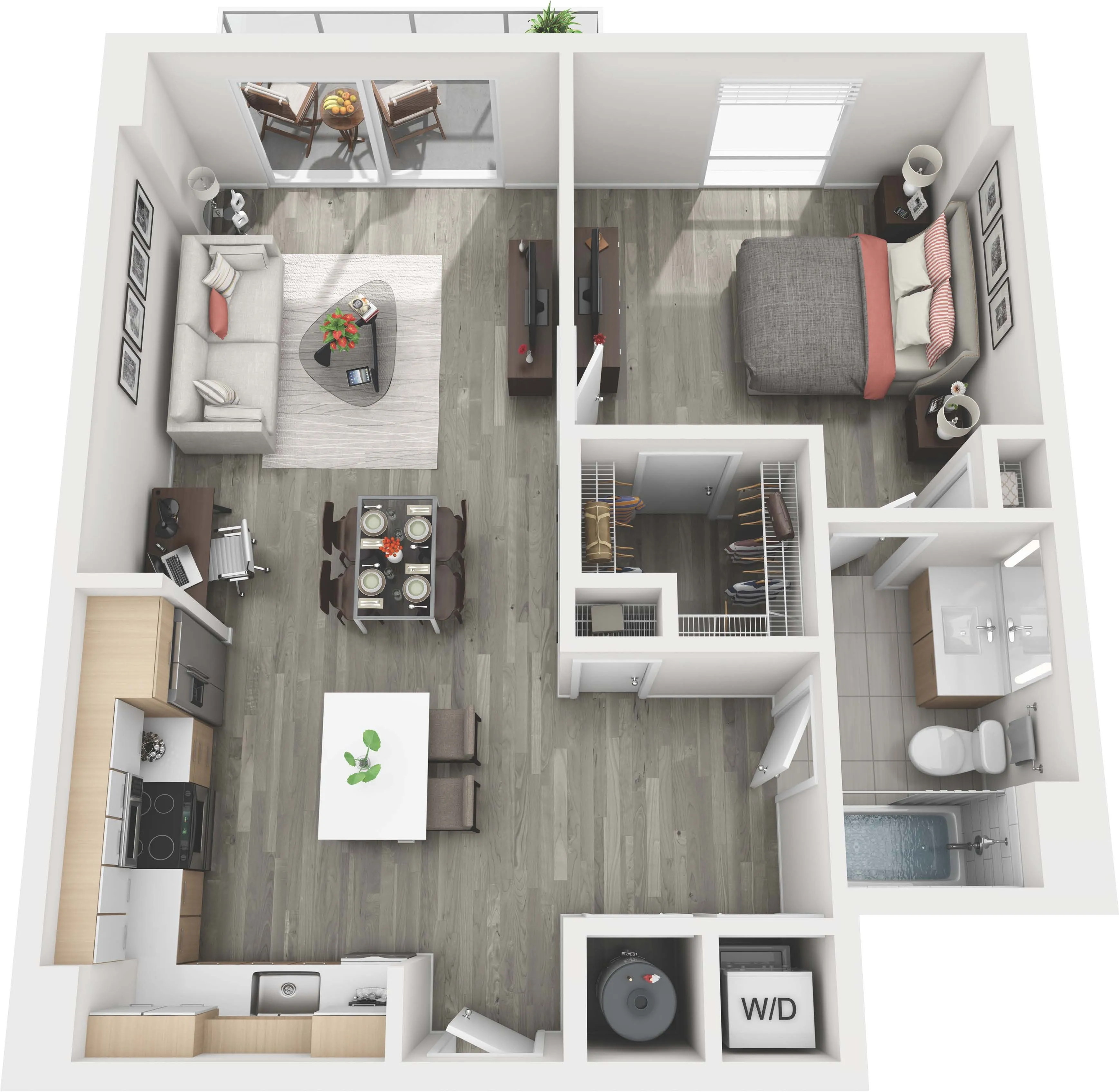 Modern open-concept floor plan featuring one bedroom, a cozy living room, sleek kitchen, dining area, and a stylish bathroom with a balcony view.