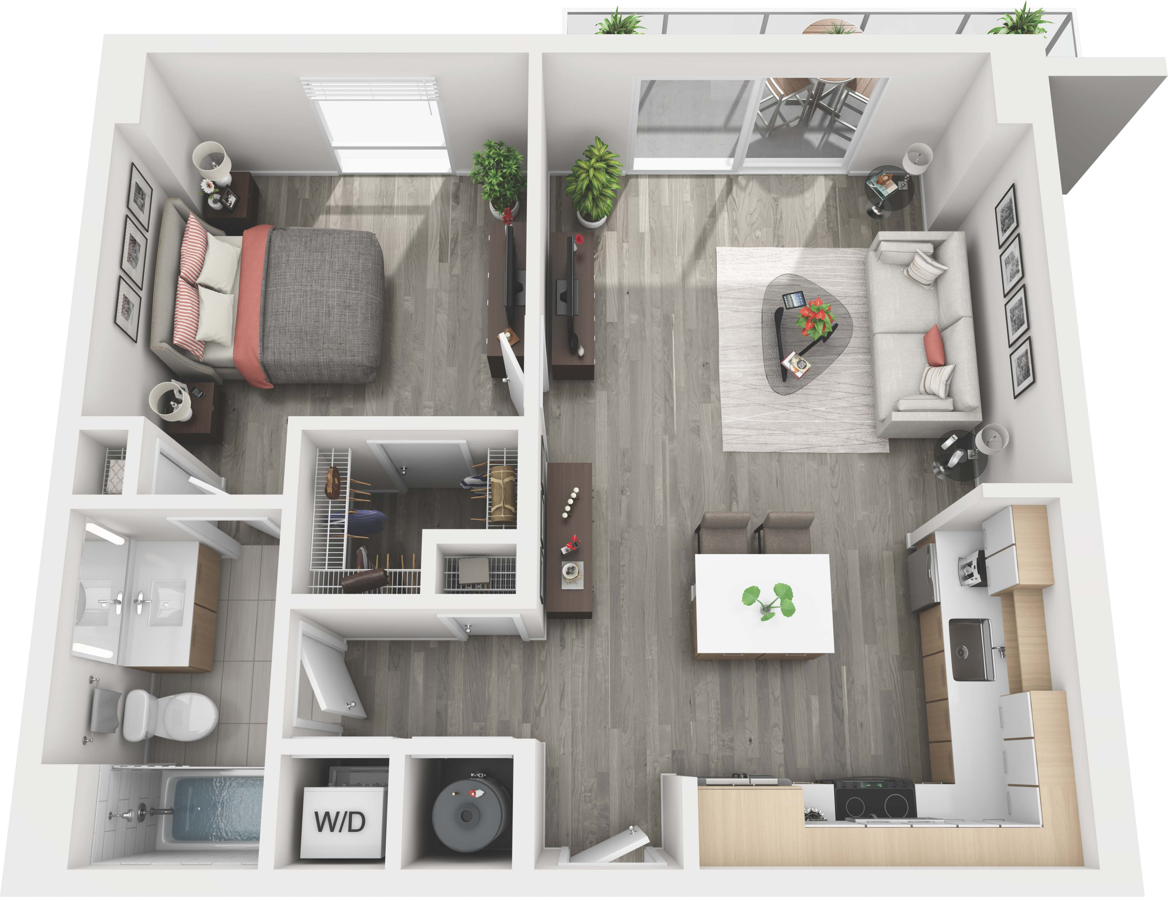 Inviting 1-bedroom apartment floor plan featuring an open living and dining area, modern kitchen, and private balcony.