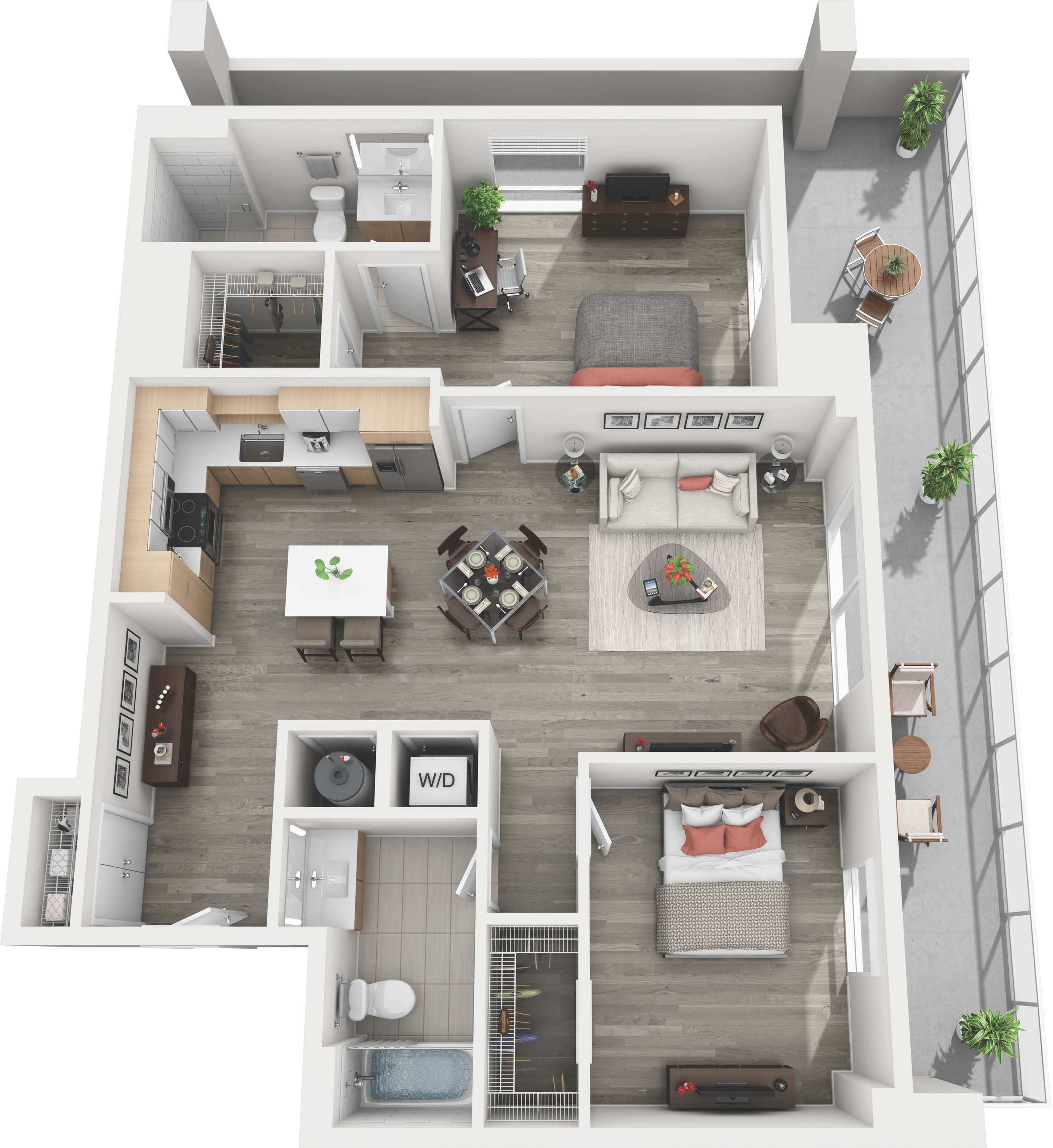 Modern 3D floor plan showcasing two bedrooms, cozy living area, sleek kitchen, and private balcony, ideal for contemporary living.