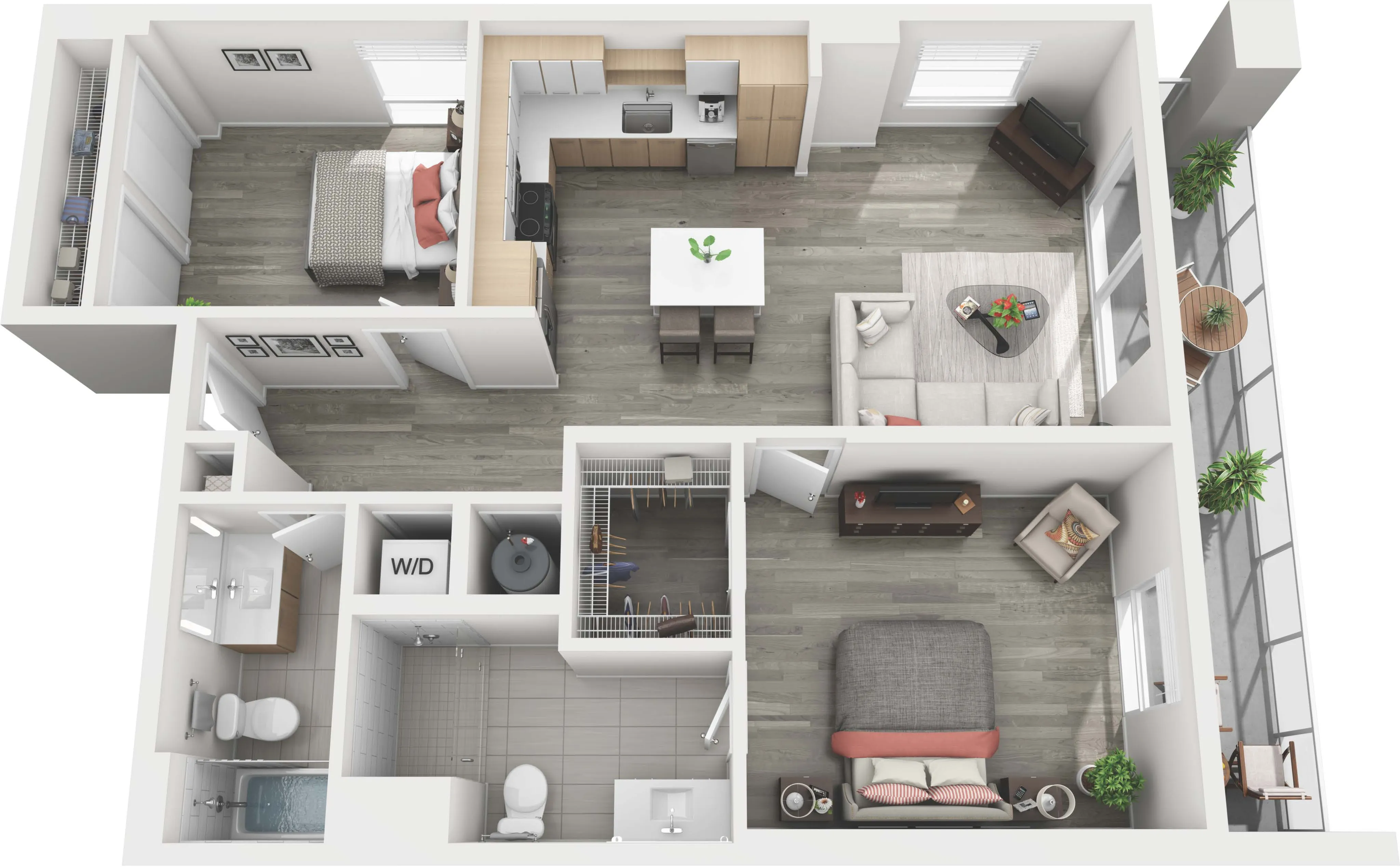 Contemporary 3D floor plan showcasing a chic 2-bedroom apartment with an open living and dining area, modern kitchen, and private balcony.