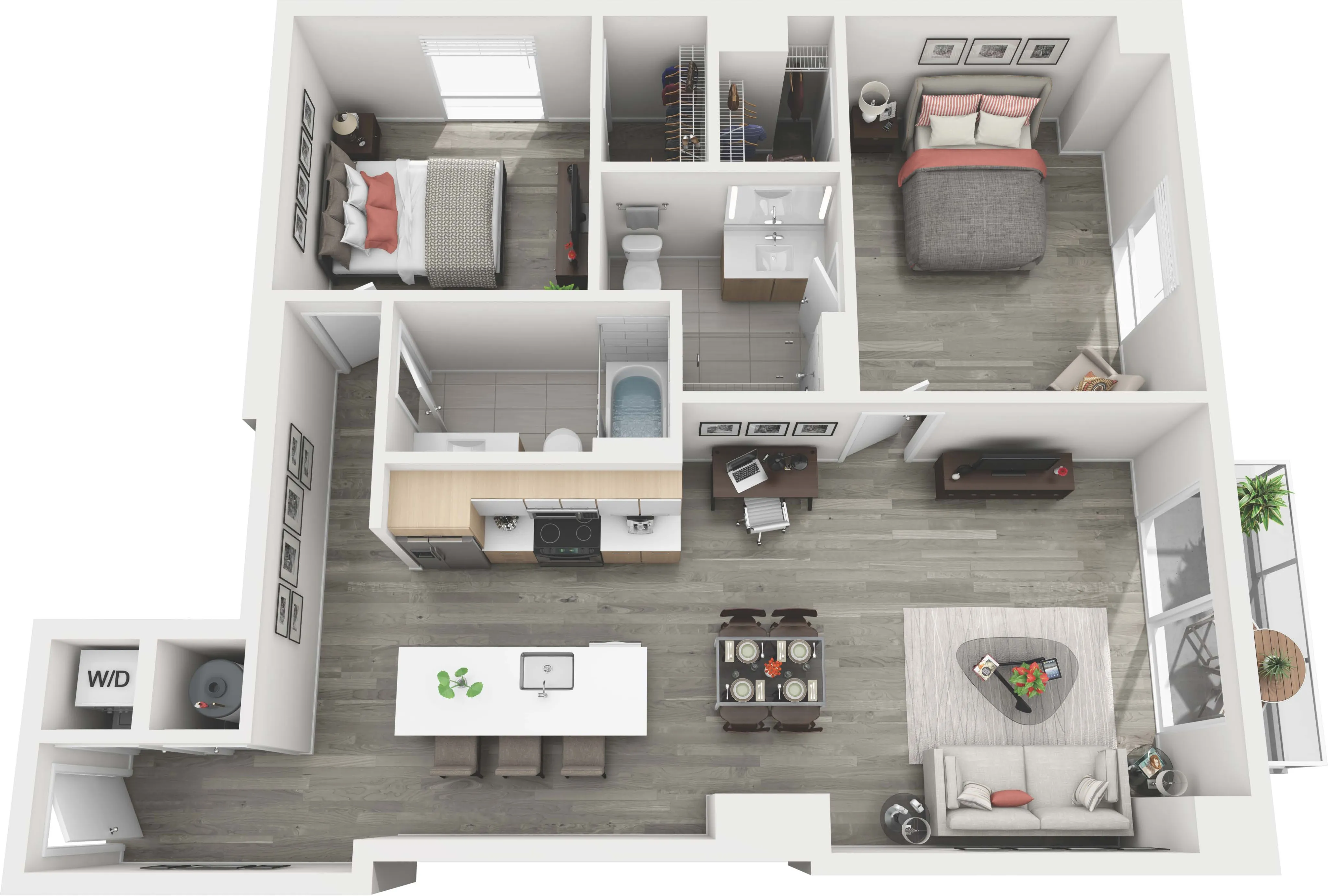 Modern 3D floor plan showcasing two bedrooms, a sleek open kitchen, and a cozy living area with balcony access.