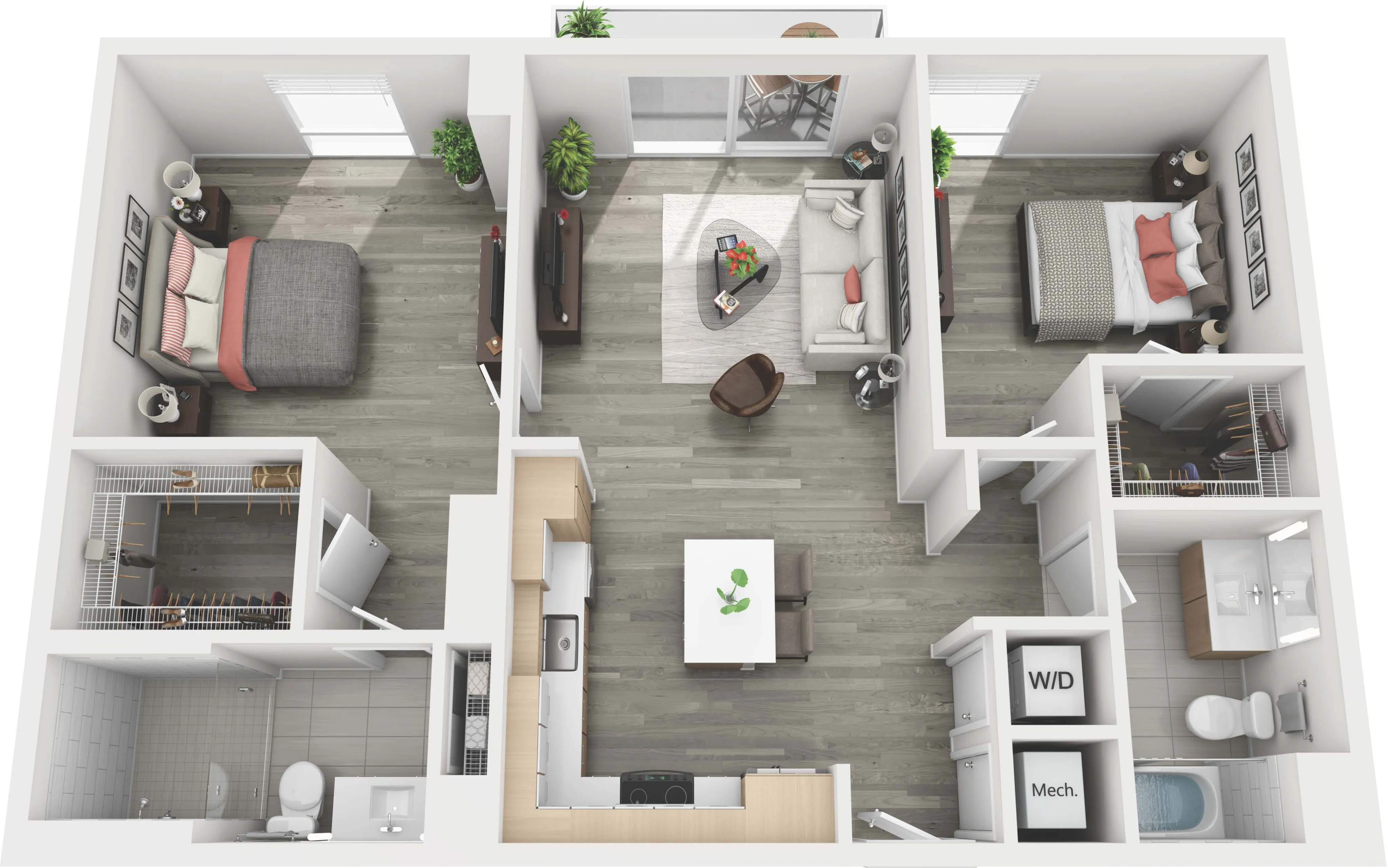 Modern 3D floor plan showcasing two bedrooms, a cozy living room, sleek kitchen, and stylish bathrooms.