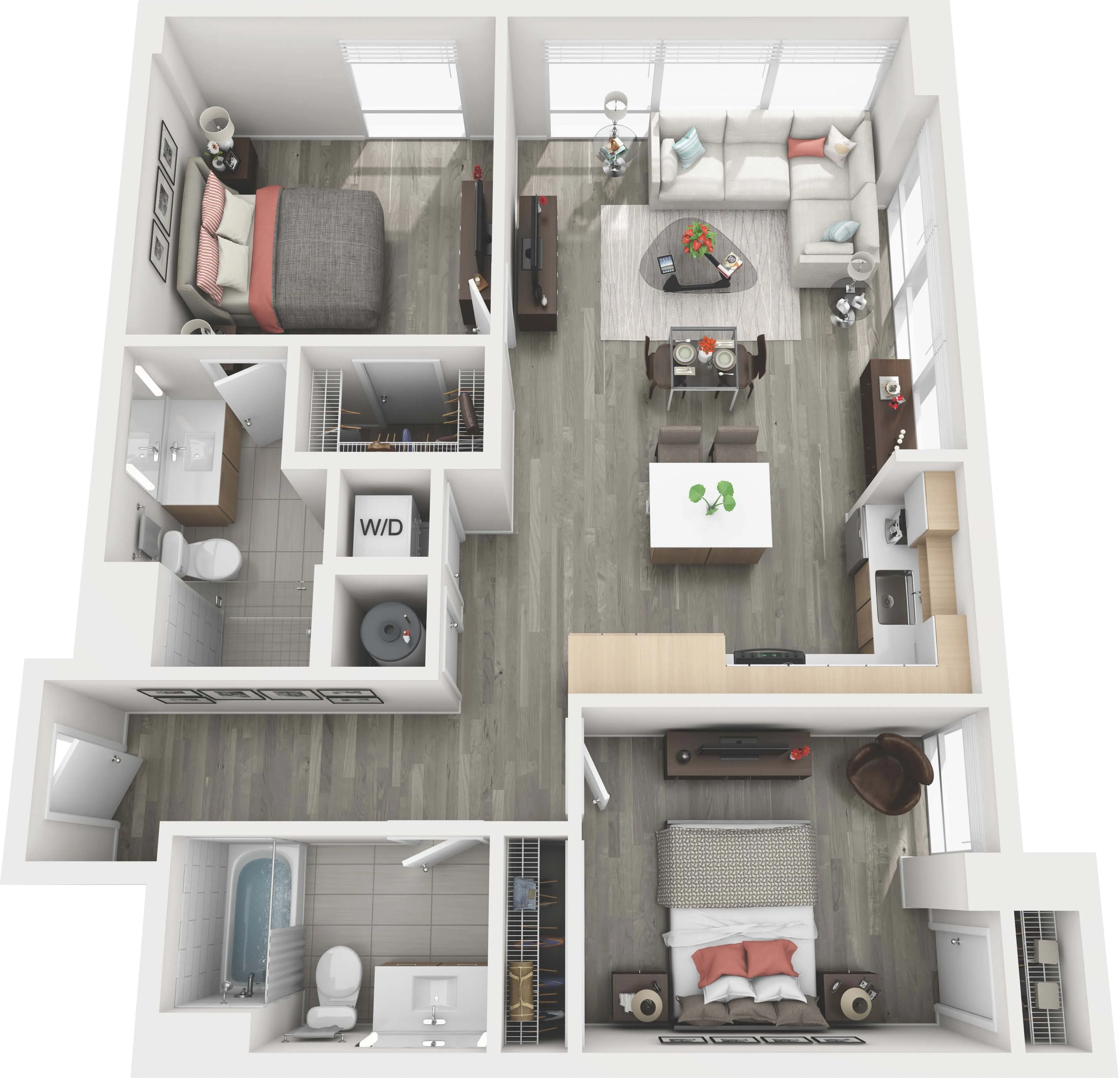 Modern floor plan showcasing a cozy apartment with 2 bedrooms, open-concept living and dining area, stylish kitchen, and two sleek bathrooms, designed for optimal comfort and functionality.