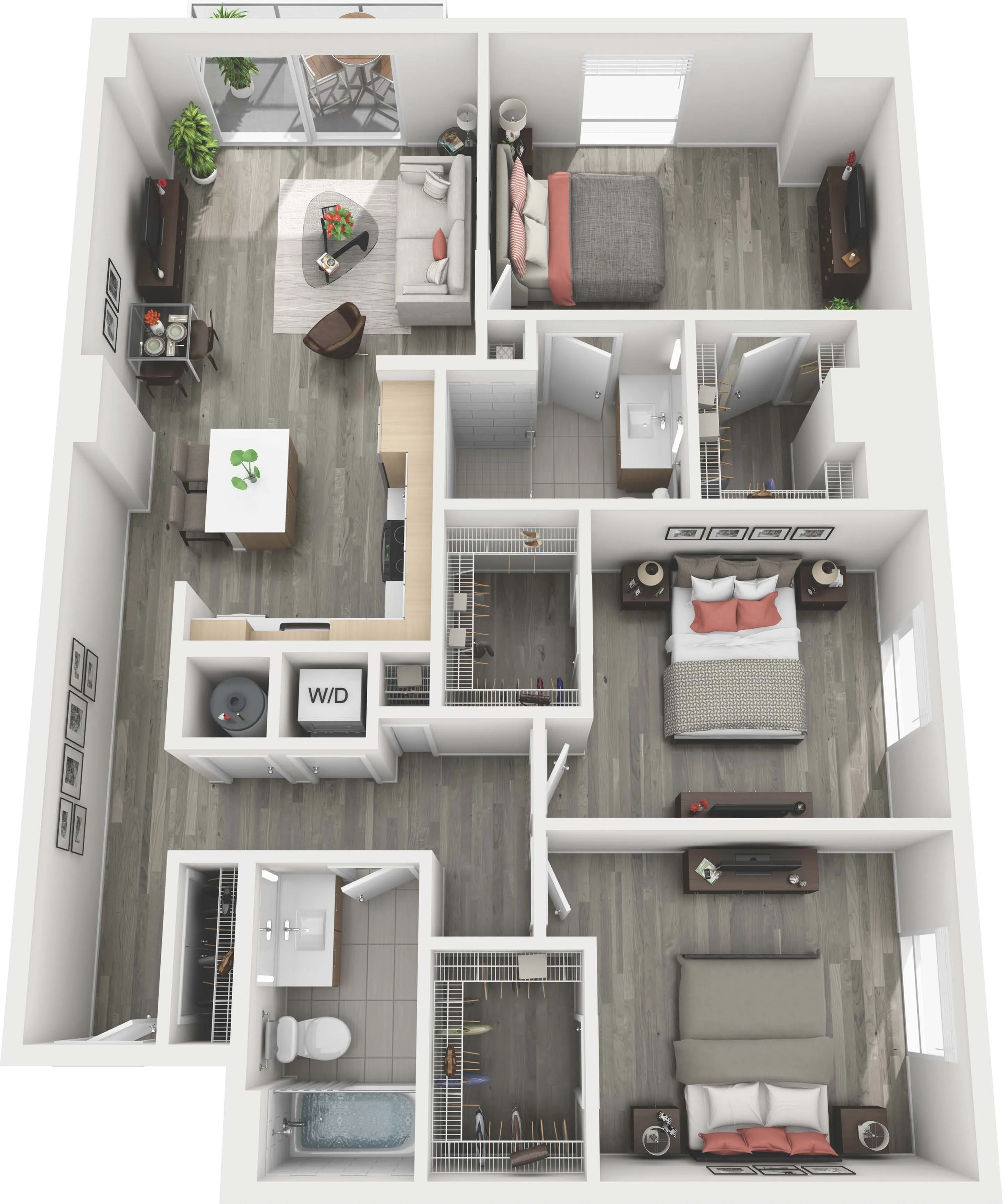 Modern apartment floor plan showcasing two cozy bedrooms, a spacious living area, and a sleek kitchen, perfect for stylish living.