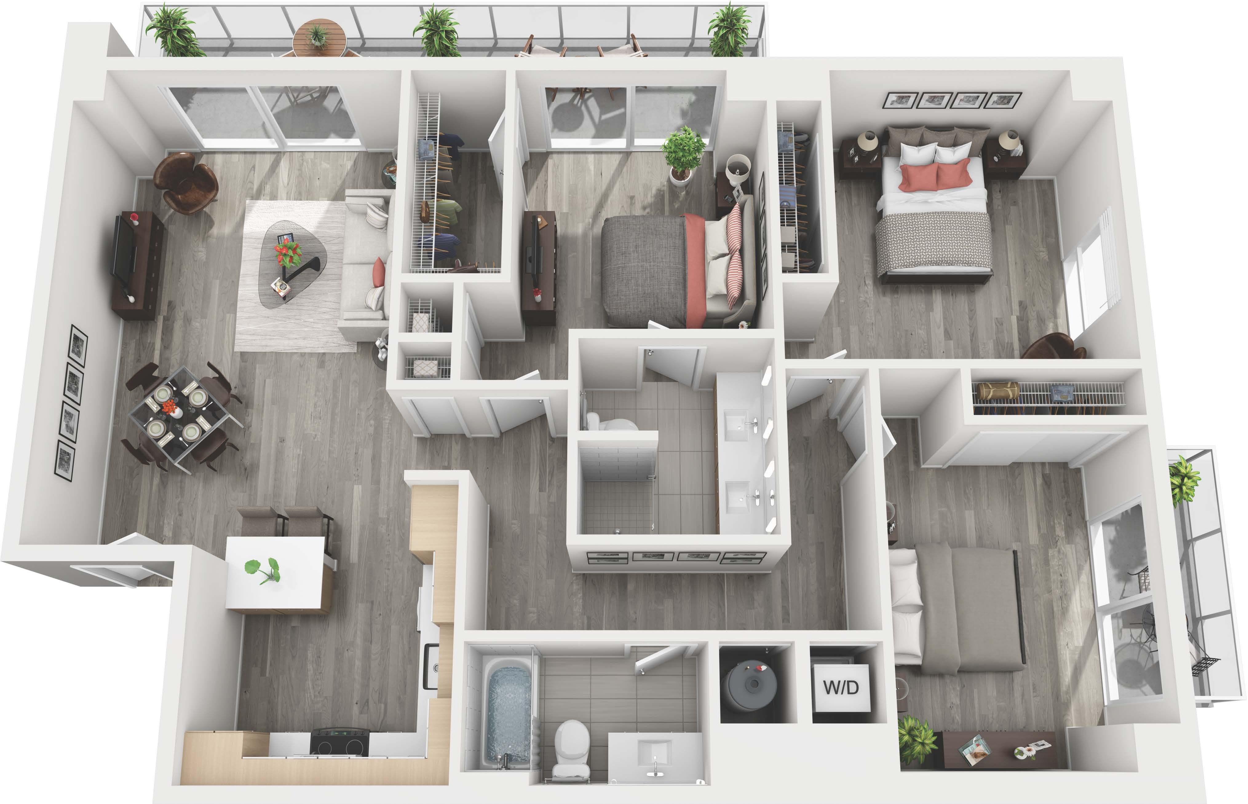 Chic floor plan illustrating 3 bedrooms, open living area, and modern kitchen with a cozy balcony space.