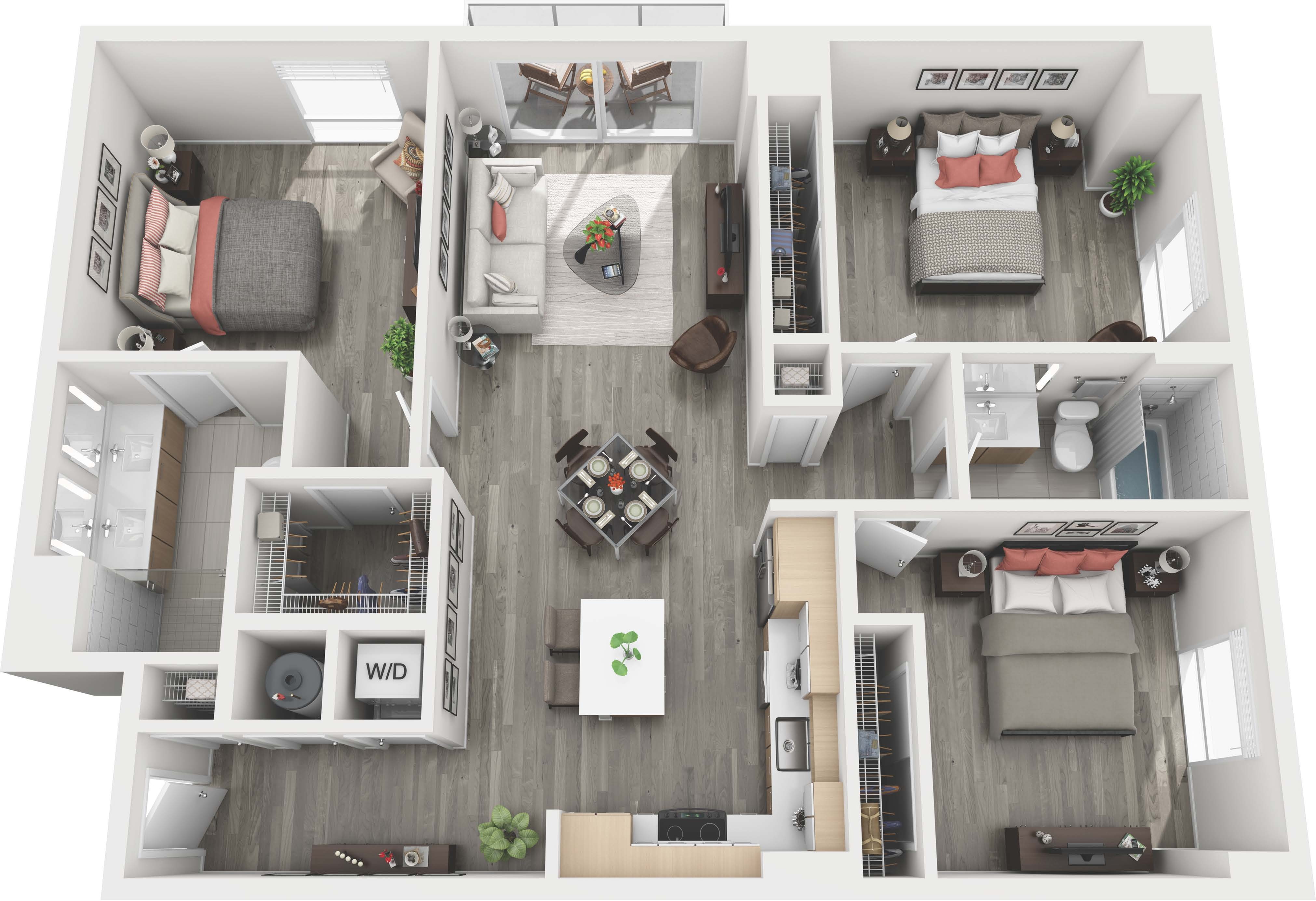 Contemporary 3D floor plan showcasing three spacious bedrooms, modern kitchen, open living room, two sleek bathrooms, and a cozy dining area, perfect for stylish urban living.