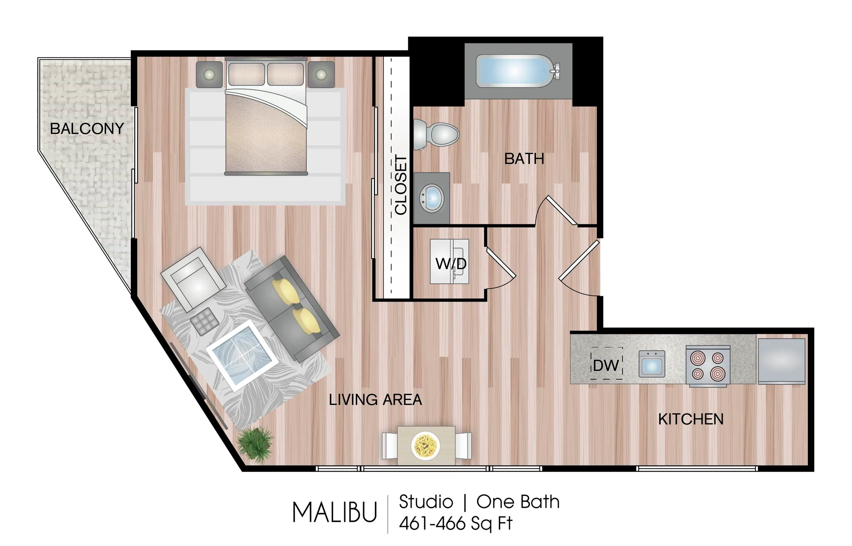 Chic Malibu studio floor plan featuring a cozy living area, modern kitchen, and serene balcony, 461-466 sq ft.