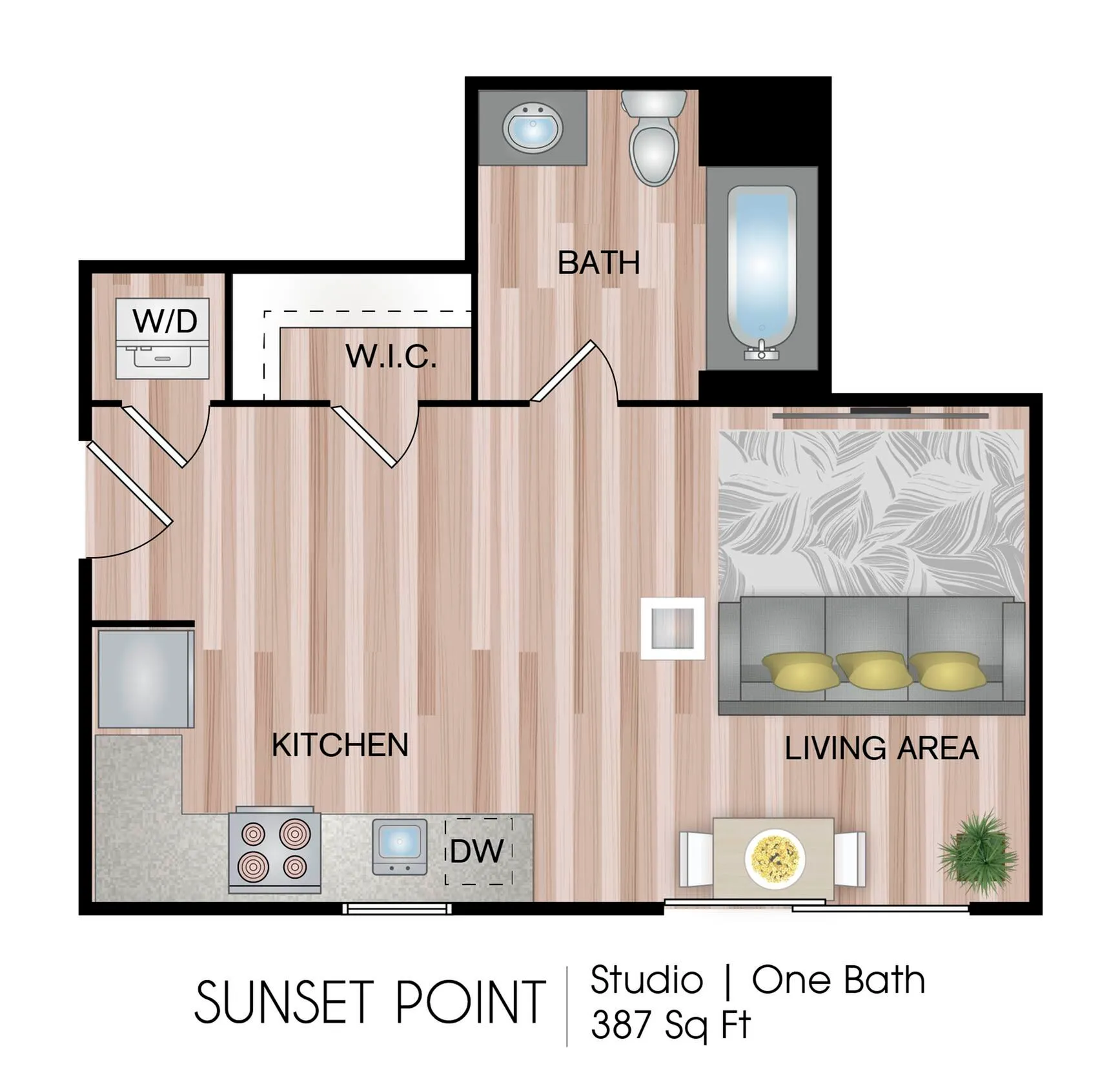 Chic Sunset Point studio floor plan with open kitchen, cozy living area, spacious bath, and walk-in closet, 387 sq ft.