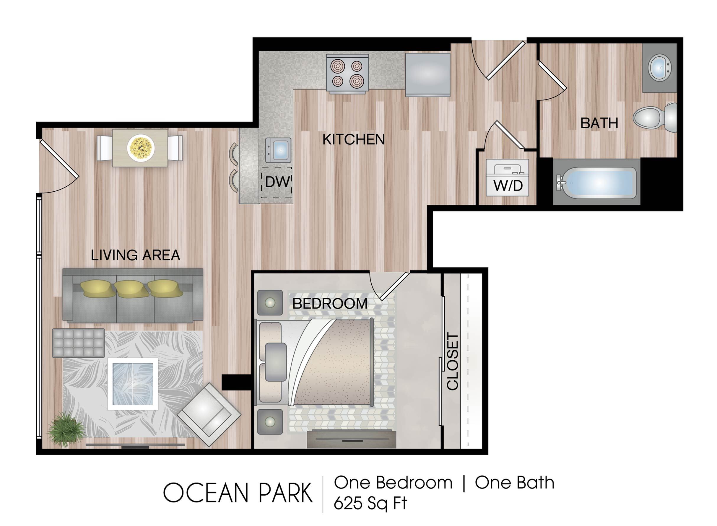 Ocean Park floor plan featuring a cozy one-bedroom and one-bath layout with a stylish kitchen, inviting living area, and 625 sq ft of modern living space.