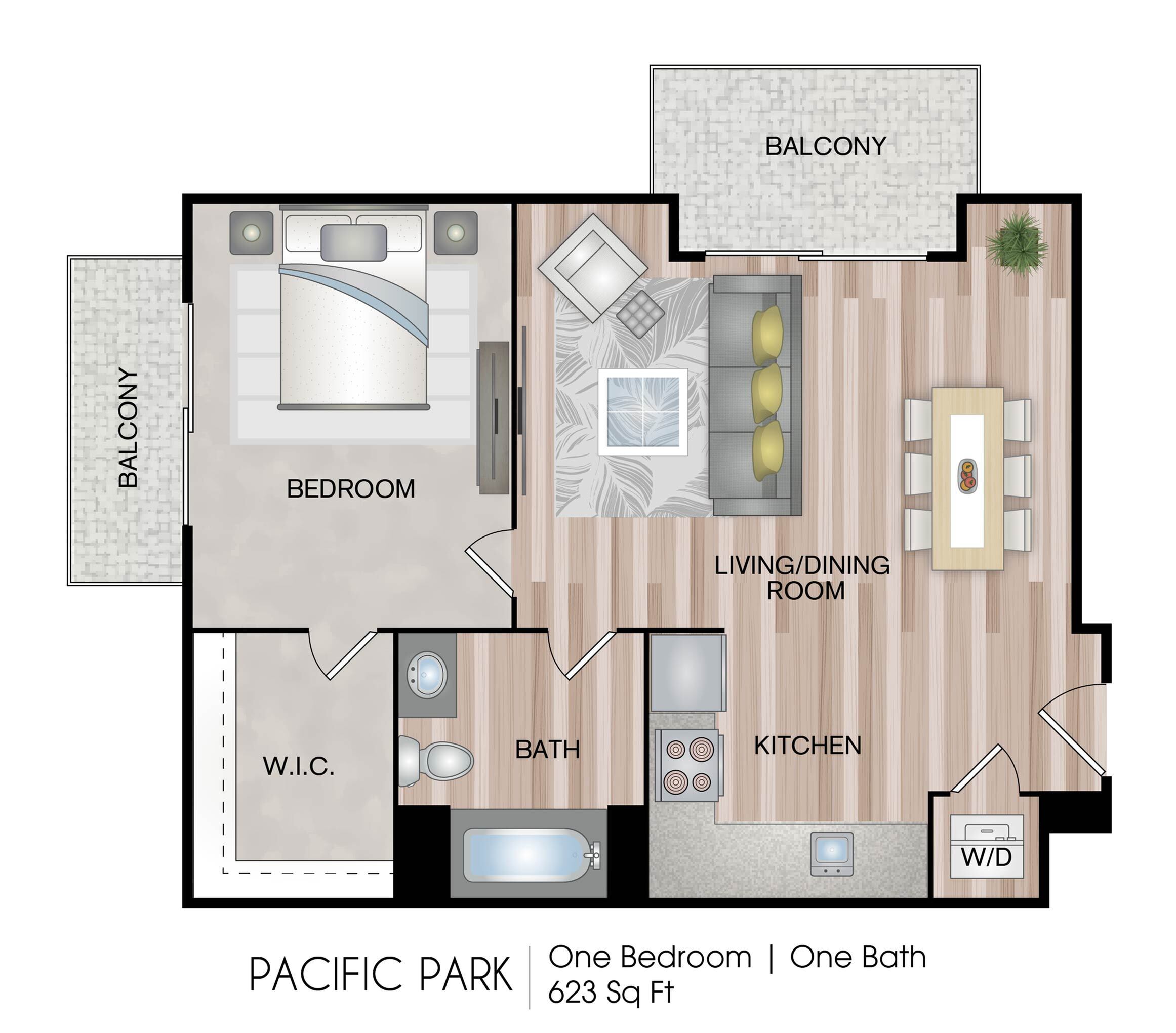 Chic Pacific Park floor plan showcasing a one-bedroom suite with a modern living/dining area, sleek kitchen, and spacious balcony, 623 sq ft.