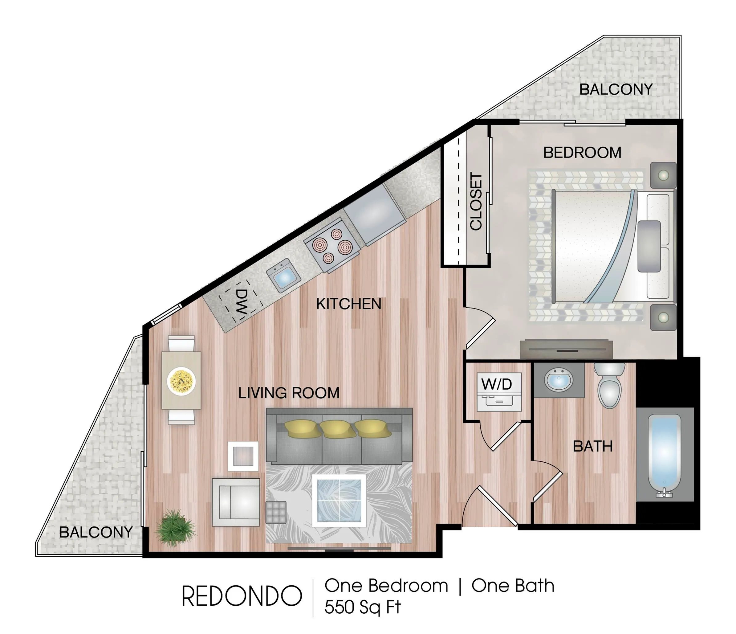 Chic \'Redondo\' floor plan featuring 1 bedroom and 1 bath with a modern kitchen, open living area, and dual balconies, 550 sq ft.