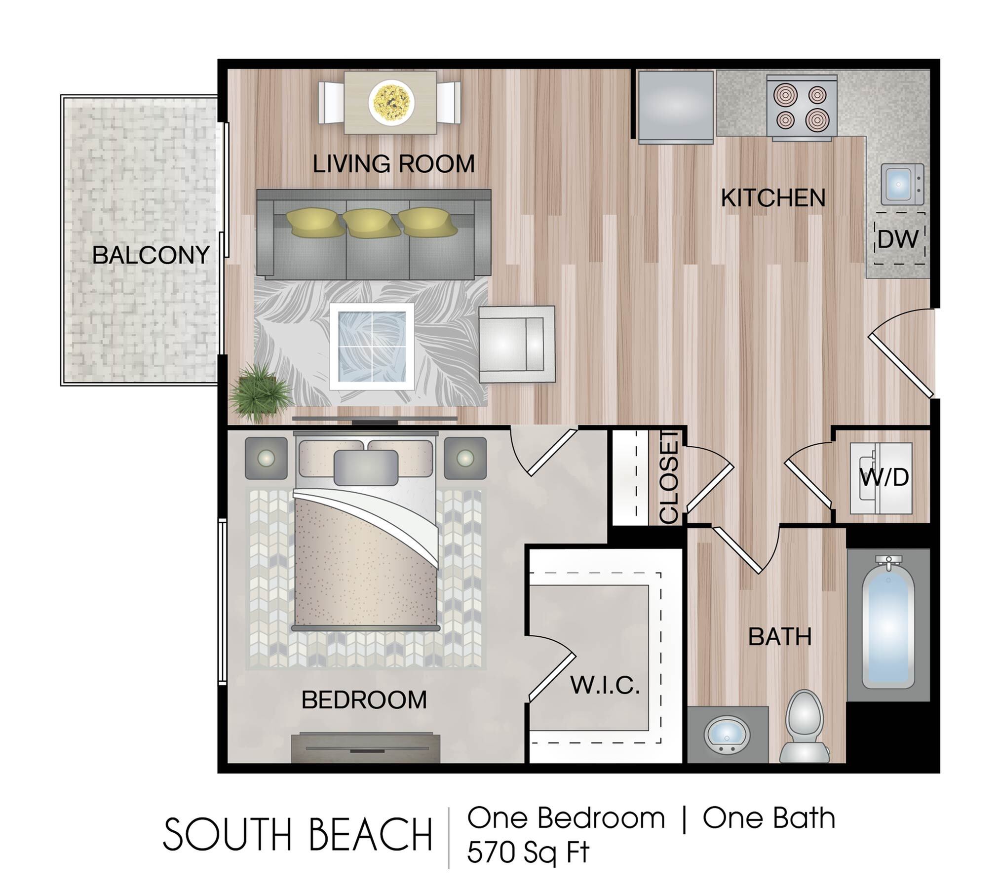 Chic floor plan of the South Beach model featuring a spacious bedroom, modern kitchen, cozy living room, and private balcony in a compact 570 sq ft layout.