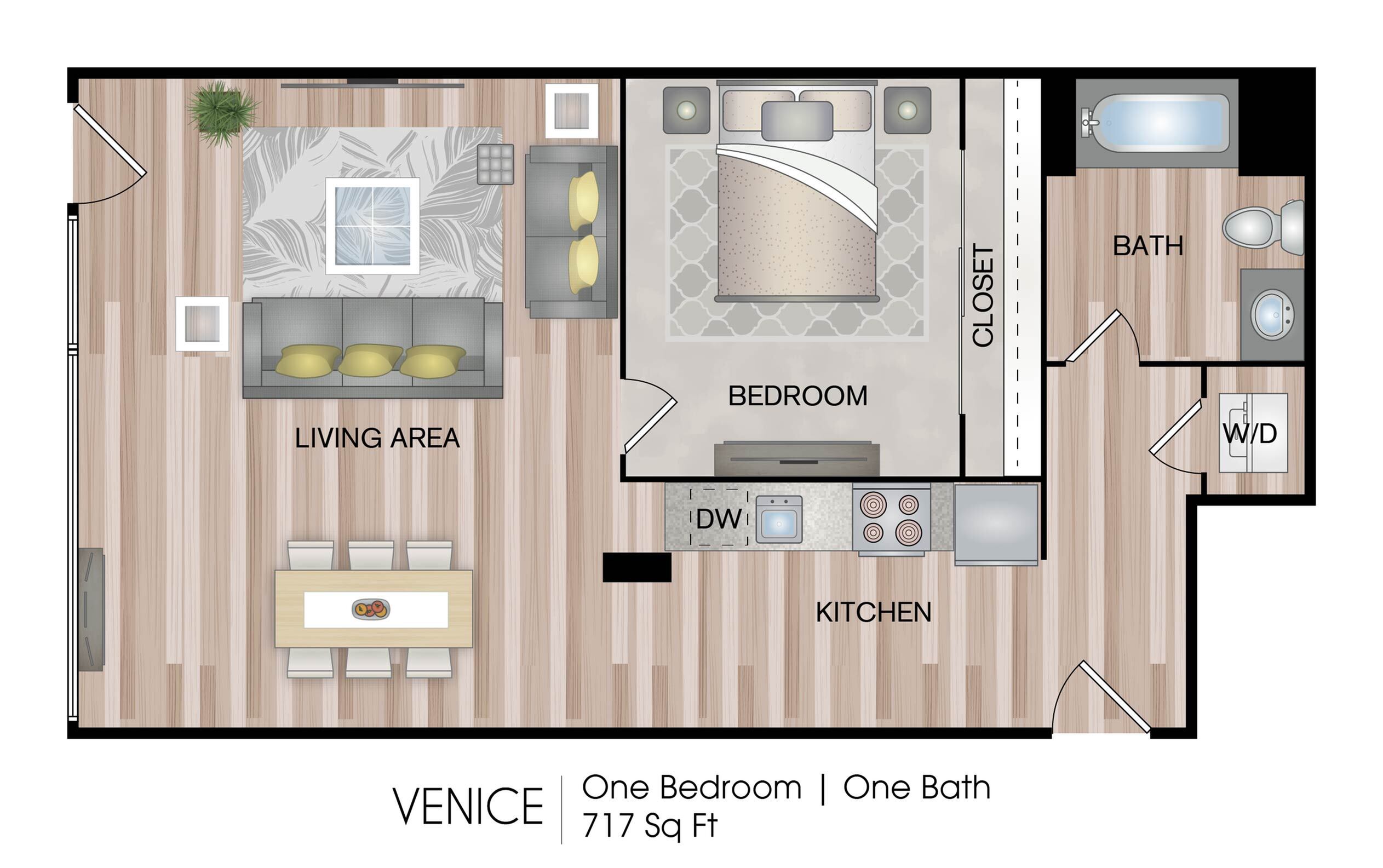Venice floor plan showcasing a 717 sq ft layout with one bedroom, elegant living area, modern kitchen, and a full bath.