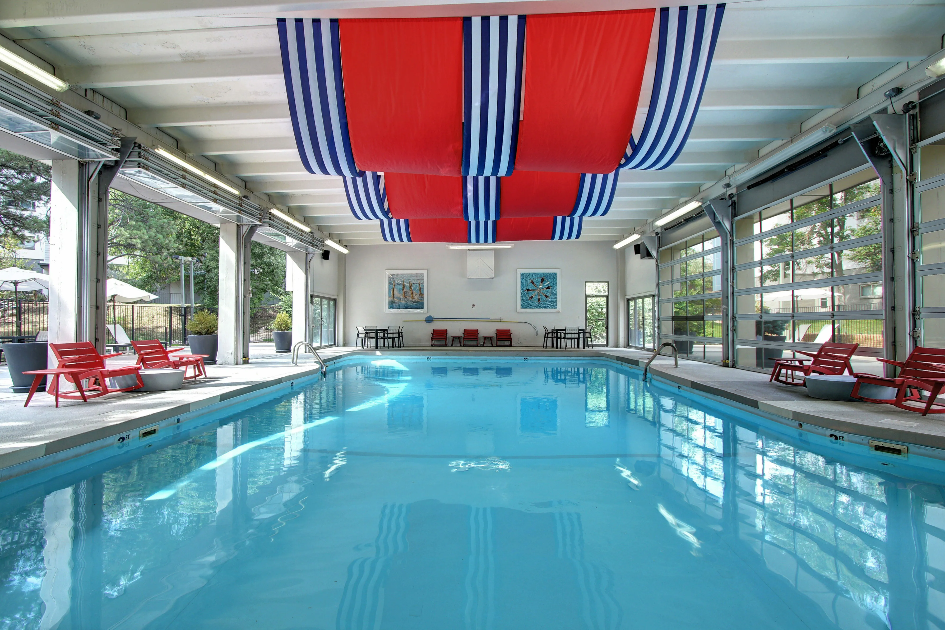 pool with red banners