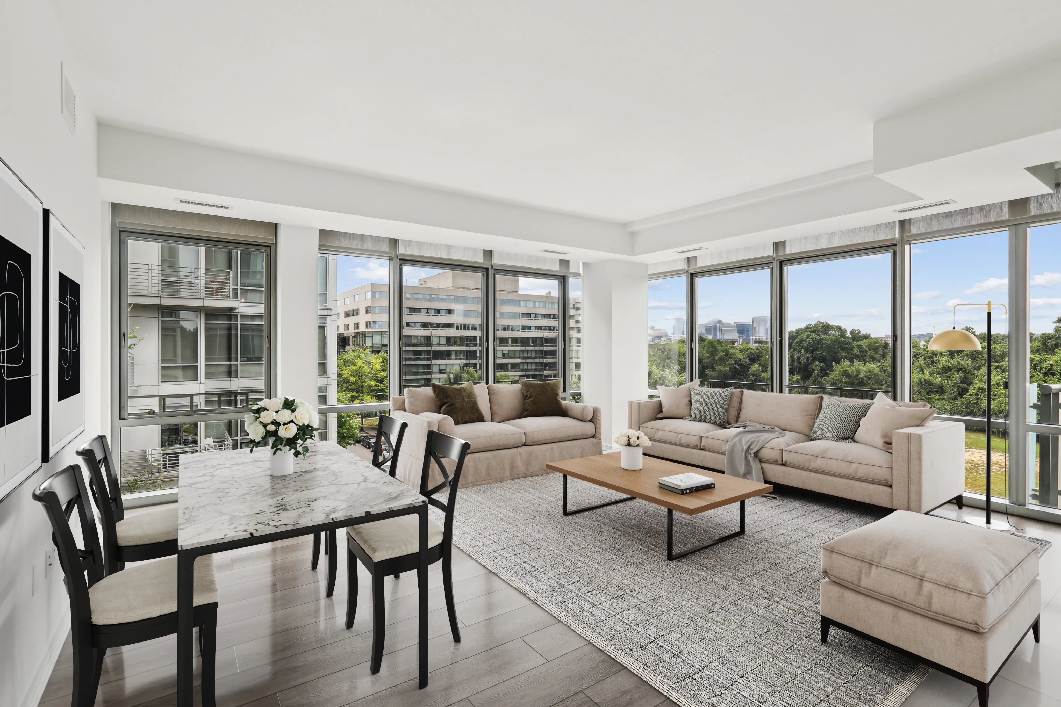 living room with big windows