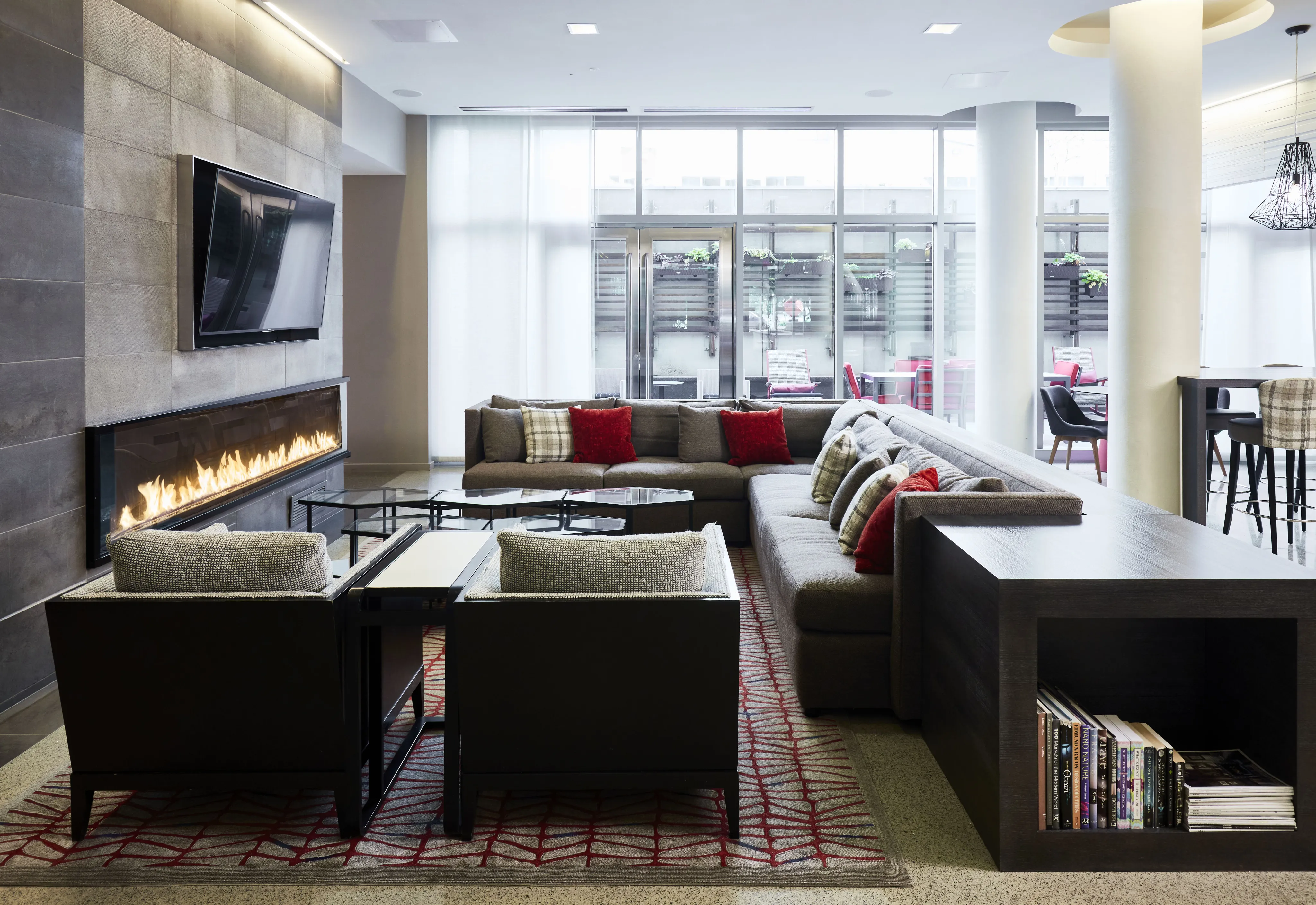 lounge seating and fireplace