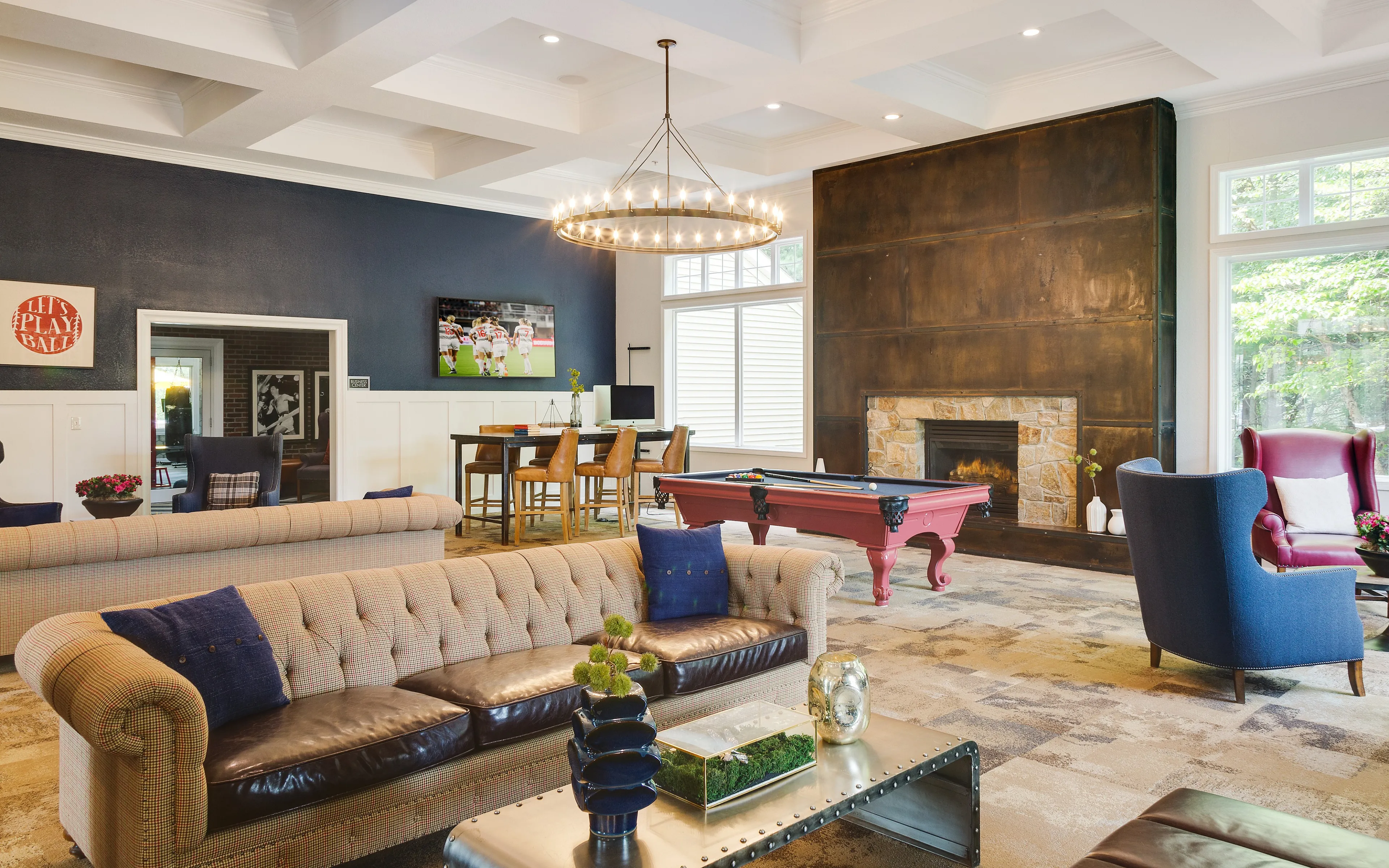 clubhouse with couch and billiards