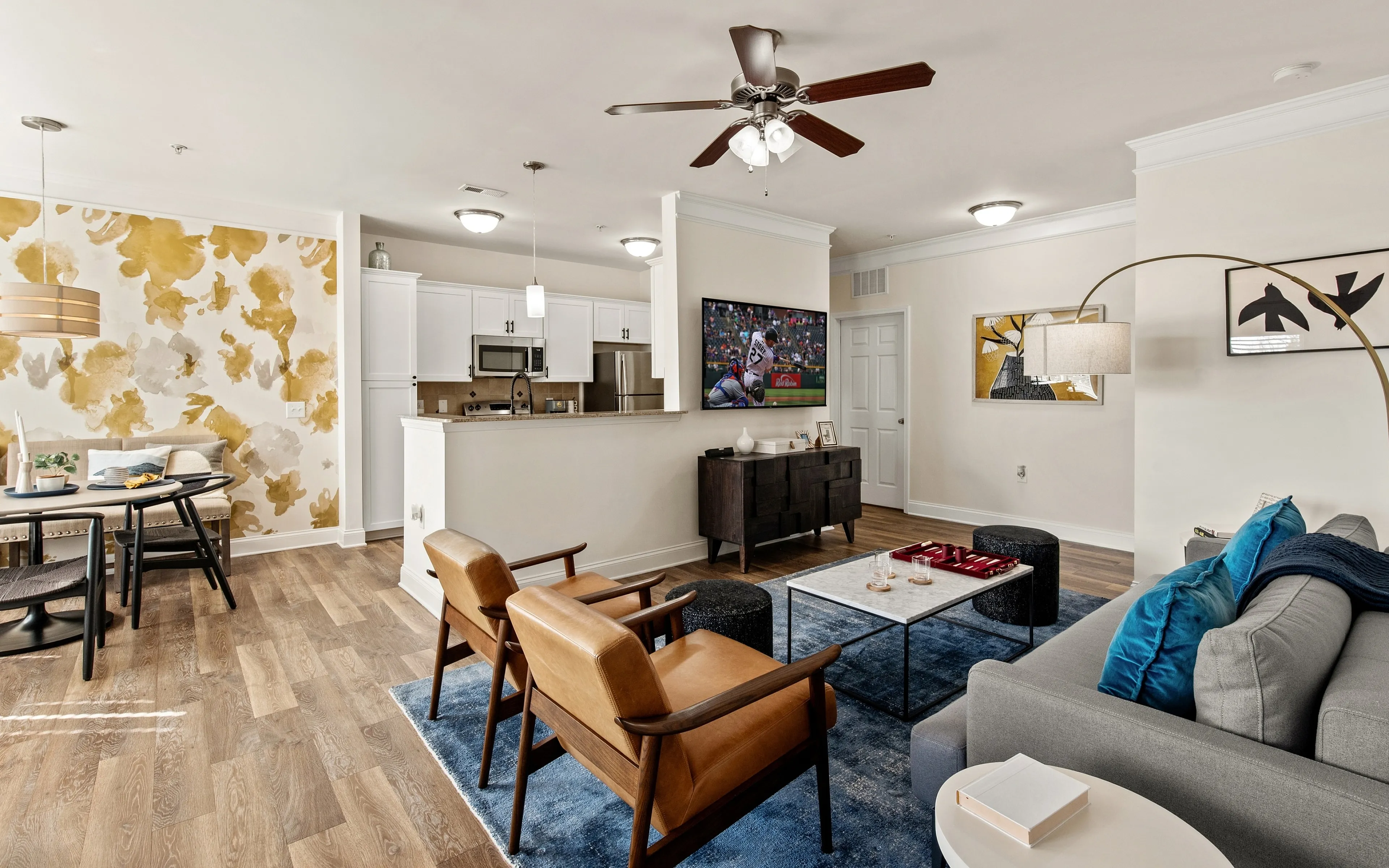 living room with baseball game on