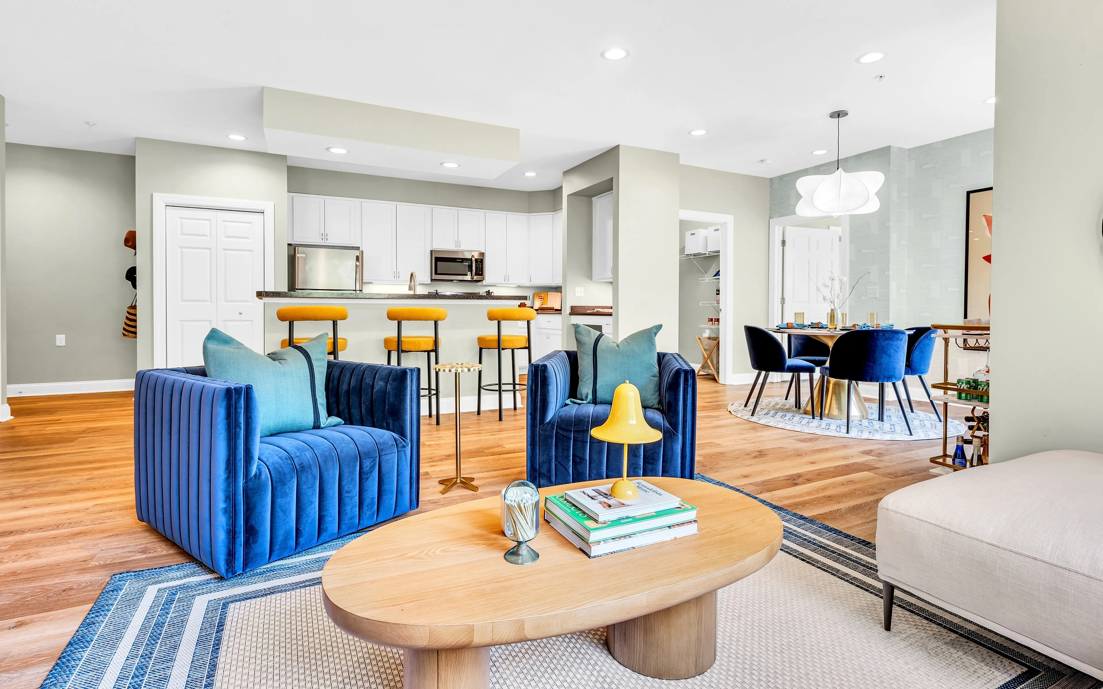 living room with blue chairs