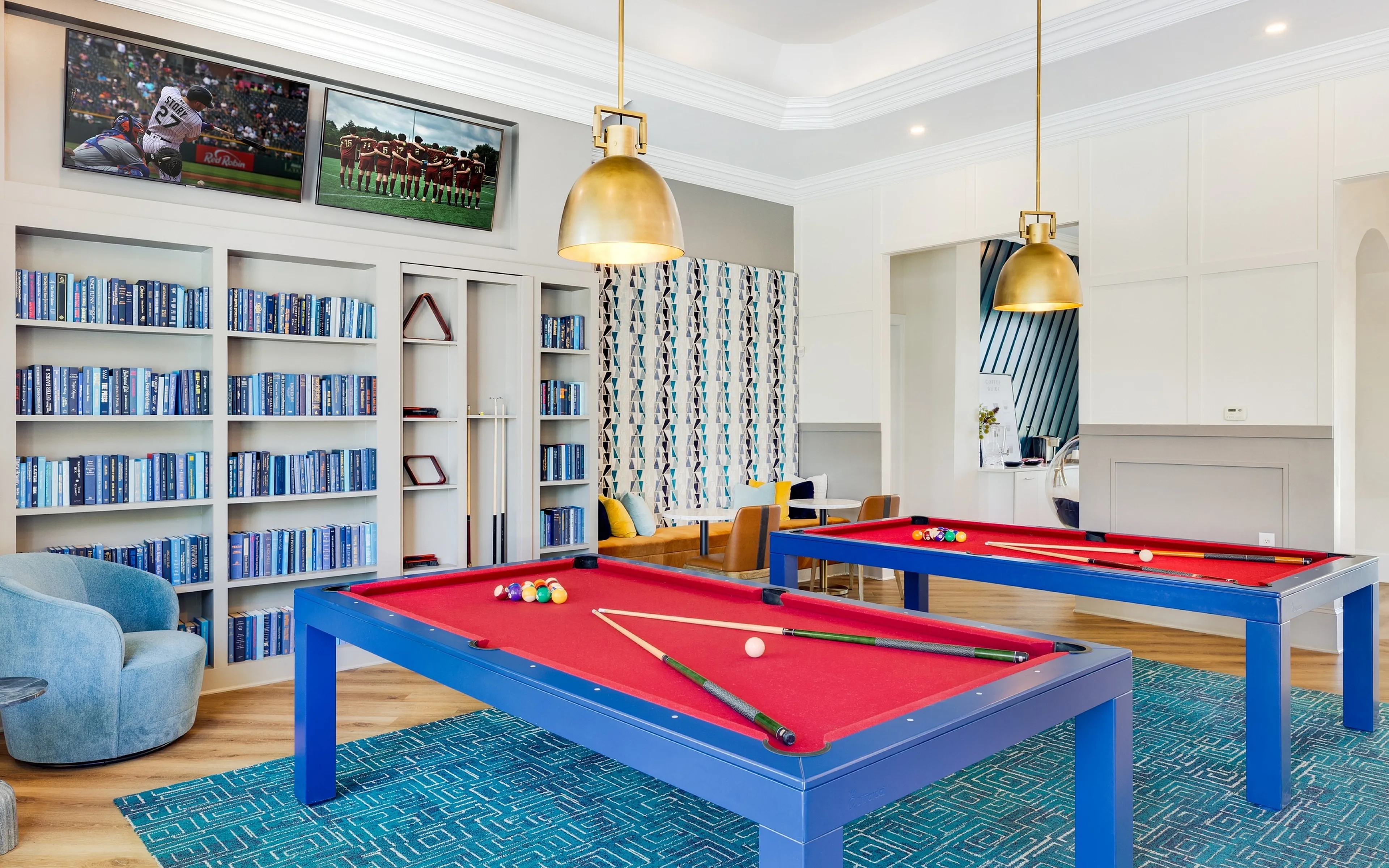 red billiards tables and tvs