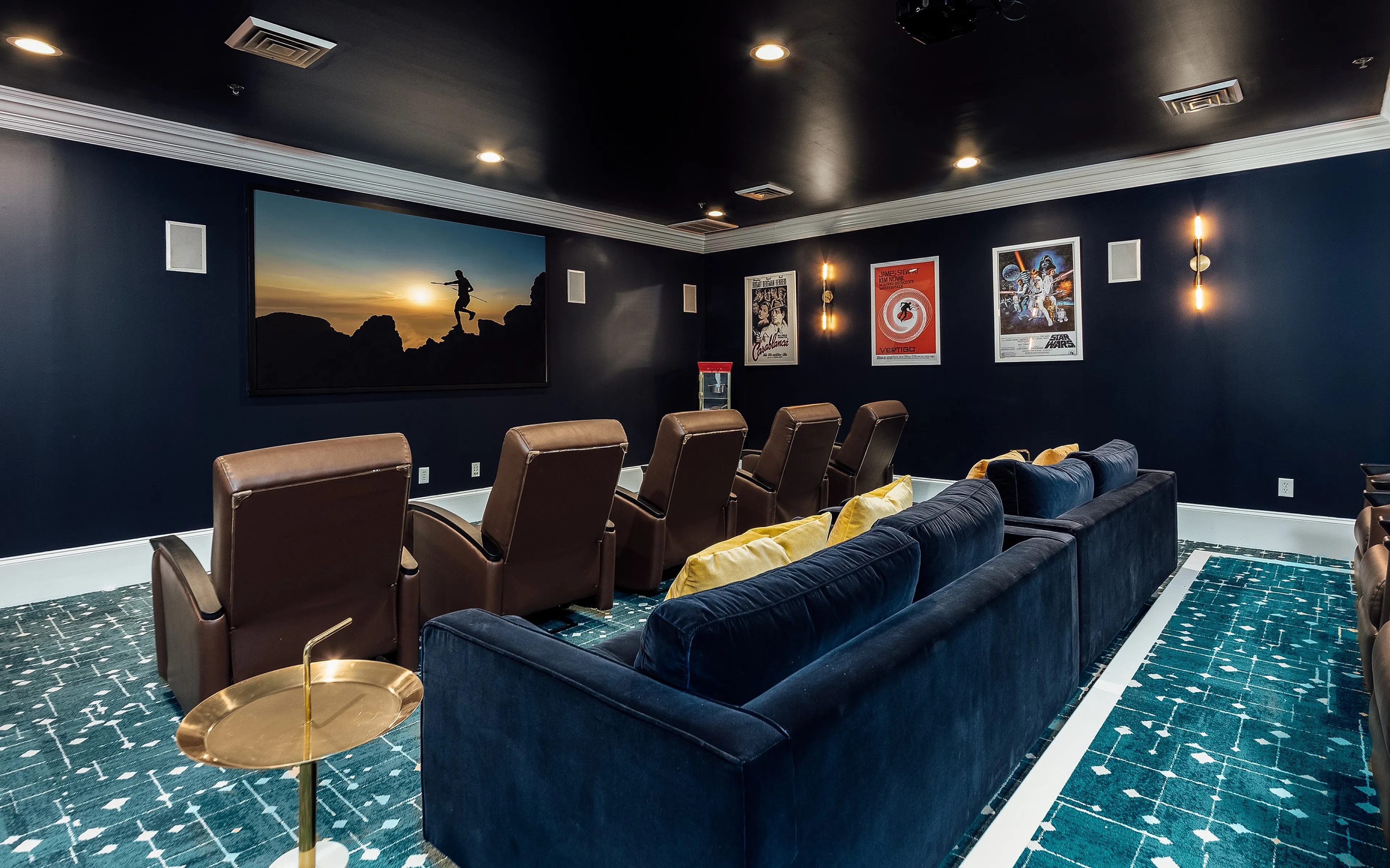 theatre with brown leather chairs