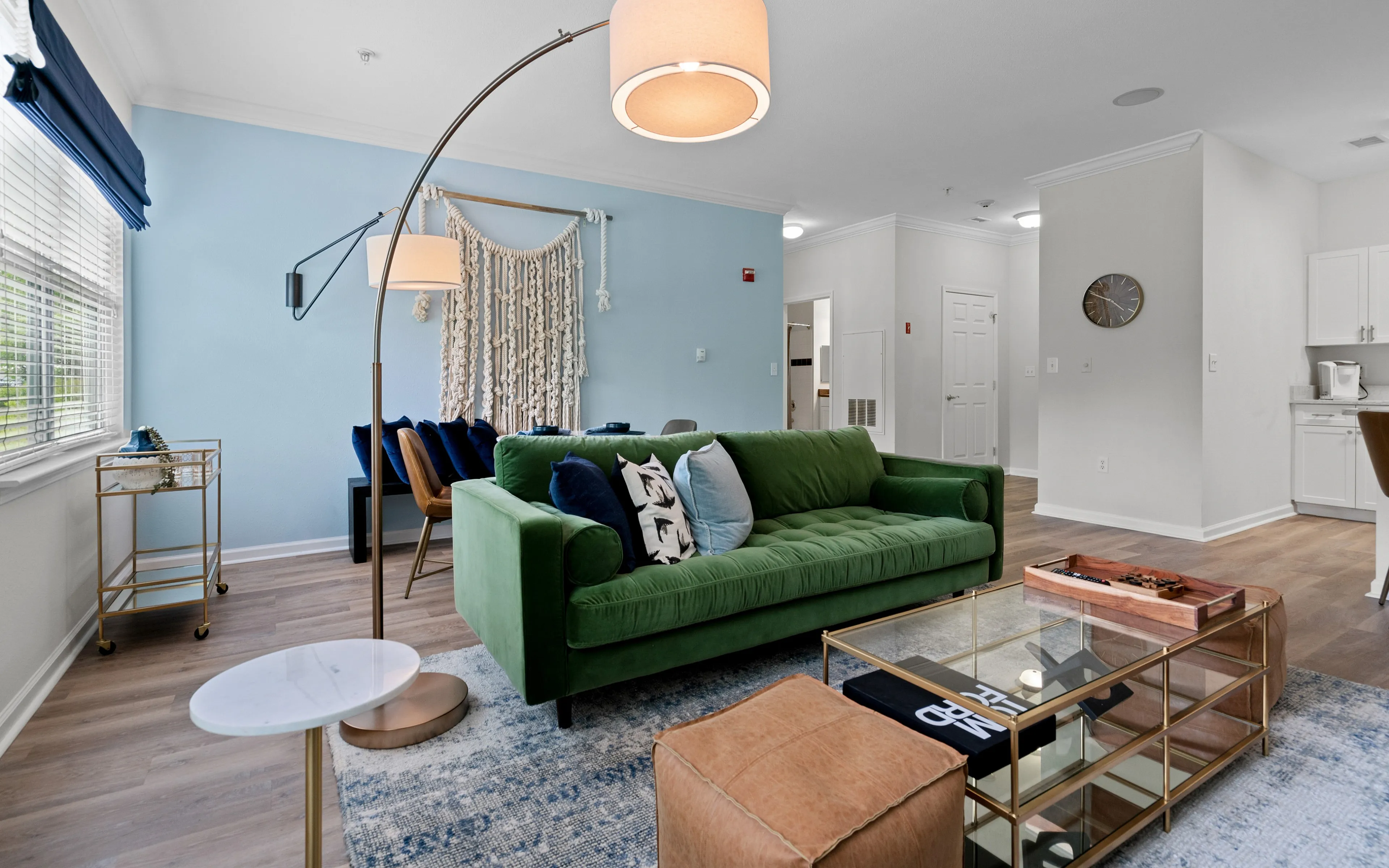 living room with green couch