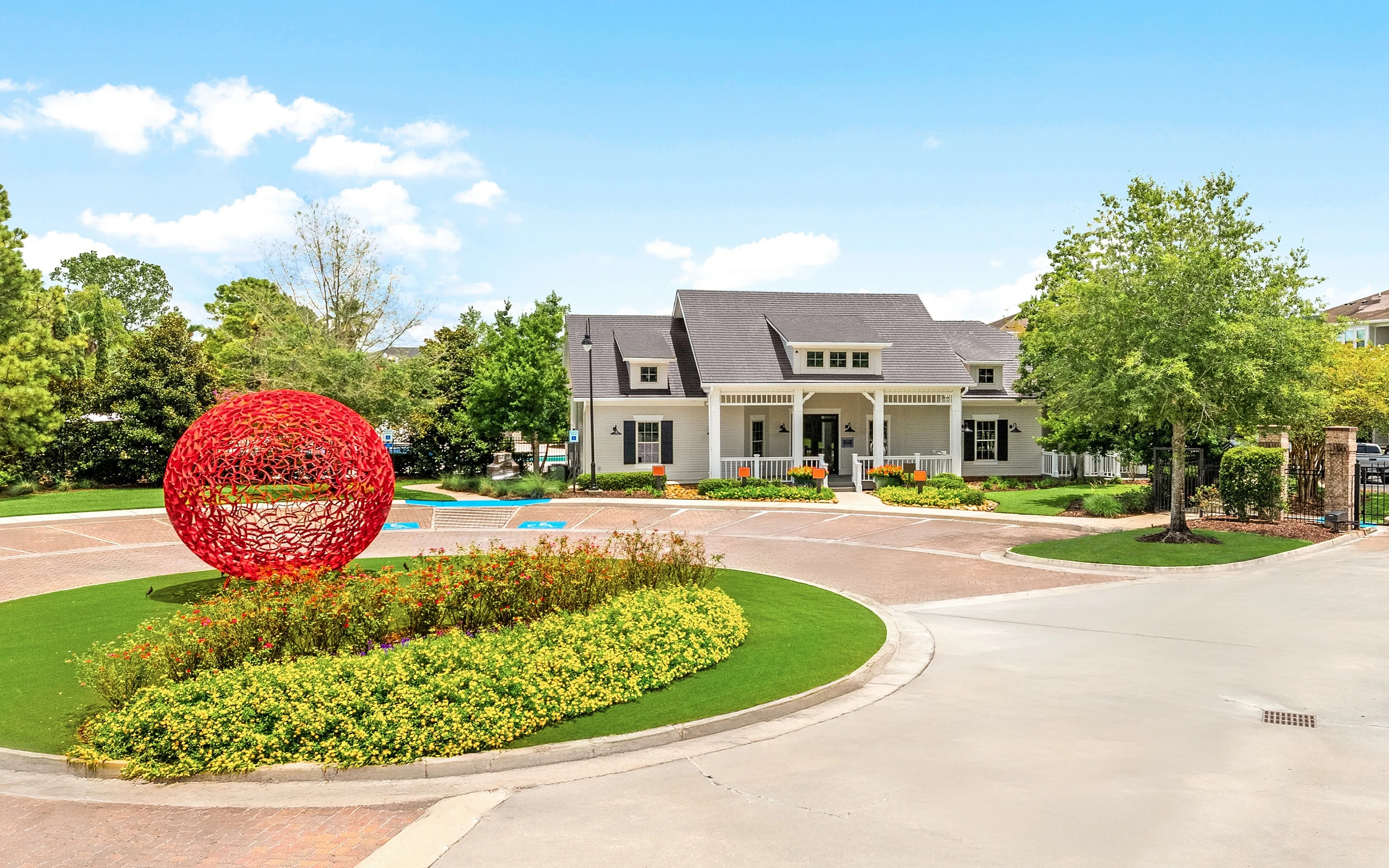 clubhouse exterior with red ball art