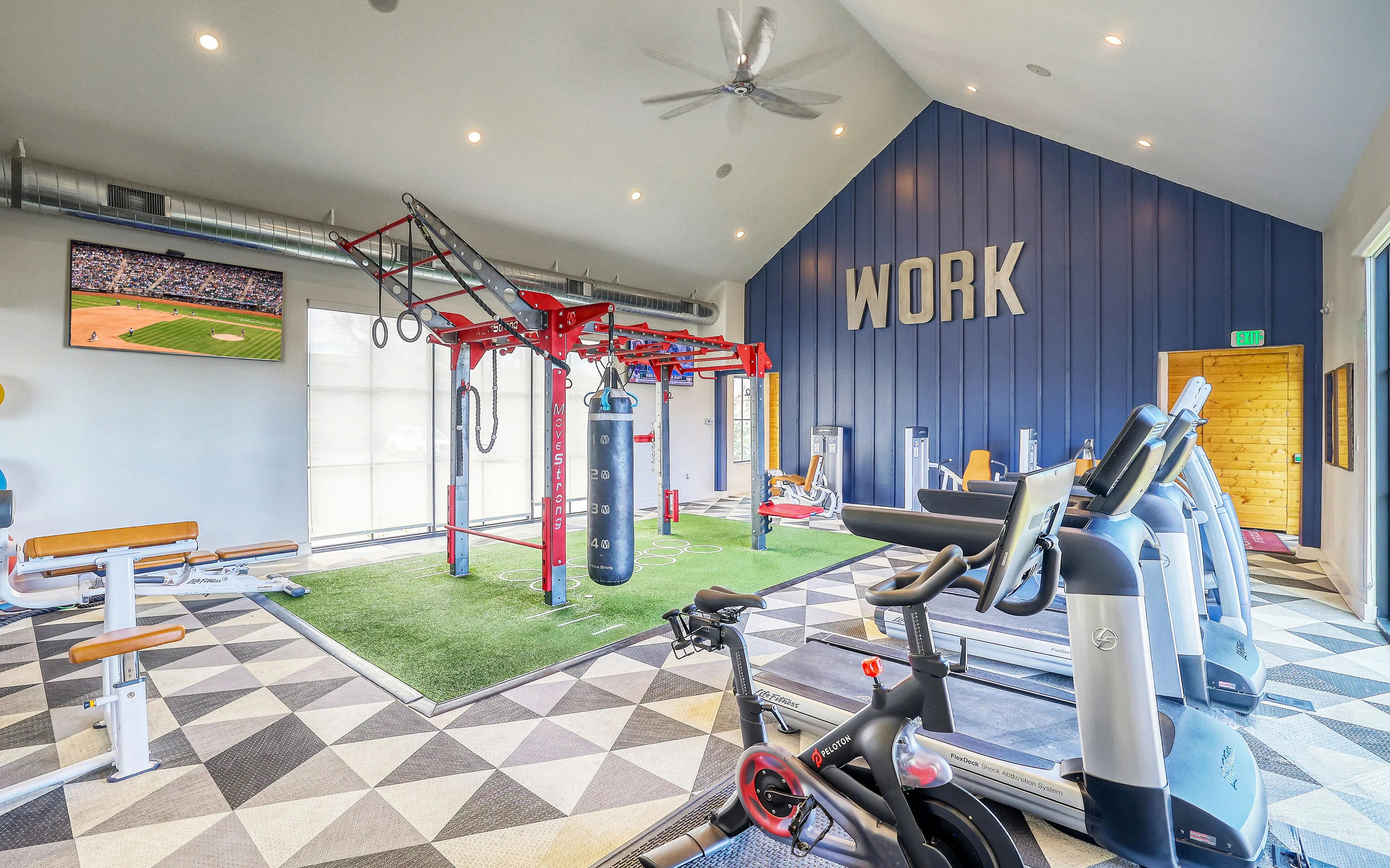 fitness center with work sign in background