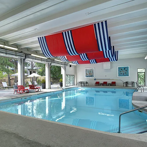 indoor pool with red banners overhead