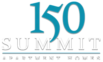 Modern and elegant logo for 150 Summit Apartment Homes featuring bold teal numerals and classic white lettering.
