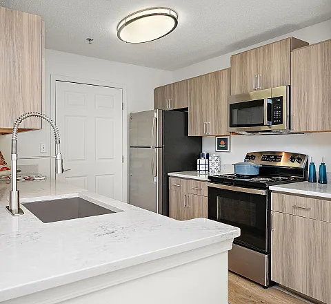 Modern kitchen with sleek stainless steel appliances, elegant wood cabinetry, and a polished white marble countertop.