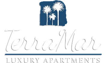 Elegant TerraMar Luxury Apartments logo featuring stylish palm trees, representing sophistication and upscale living.