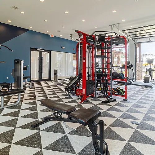 Modern fitness center with state-of-the-art gym equipment, vibrant decor, and ample natural light.