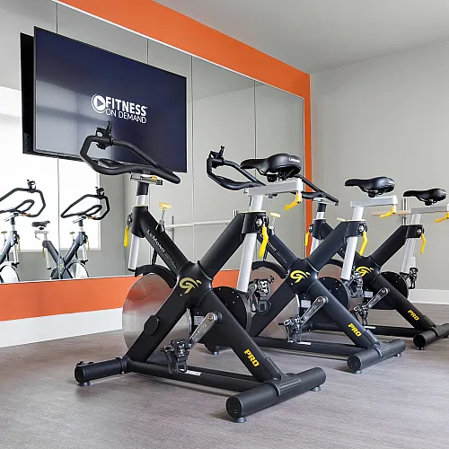Modern gym room featuring sleek stationary bikes, vibrant orange accents, and wall mirrors, perfect for an energizing workout.