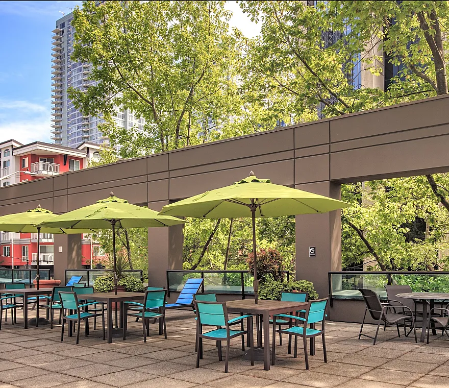 Charming outdoor patio with vibrant green umbrellas and modern furniture, surrounded by lush trees and city views.