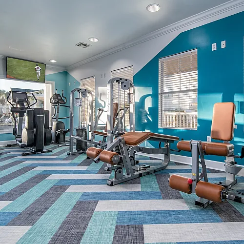 Vibrant and modern fitness center with state-of-the-art exercise equipment, featuring bright blue accent walls and stylish flooring.