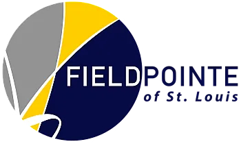 Field Pointe of St. Louis logo with a modern and dynamic design featuring yellow, gray, and blue curves.