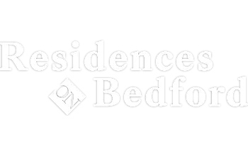 Modern logo for Residences on Bedford, featuring elegant white text on black background with a diamond accent.