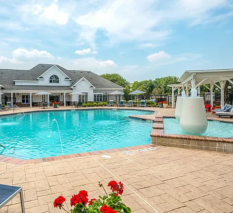 Luxurious outdoor pool area with elegant lounge chairs, vibrant red flowers, and shaded seating, perfect for relaxation and social gatherings.