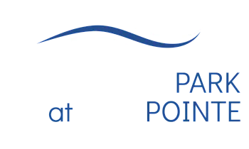 Elegant Carrington Park at Gulf Pointe logo with stylish blue and white wave design on a sleek black background.