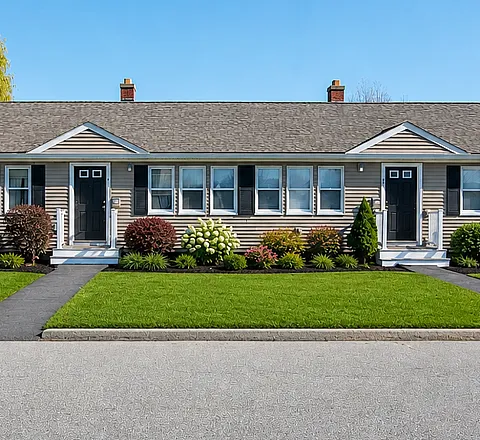 Charming single-story house with manicured garden, featuring a welcoming front porch and classic siding, perfect for family living.
