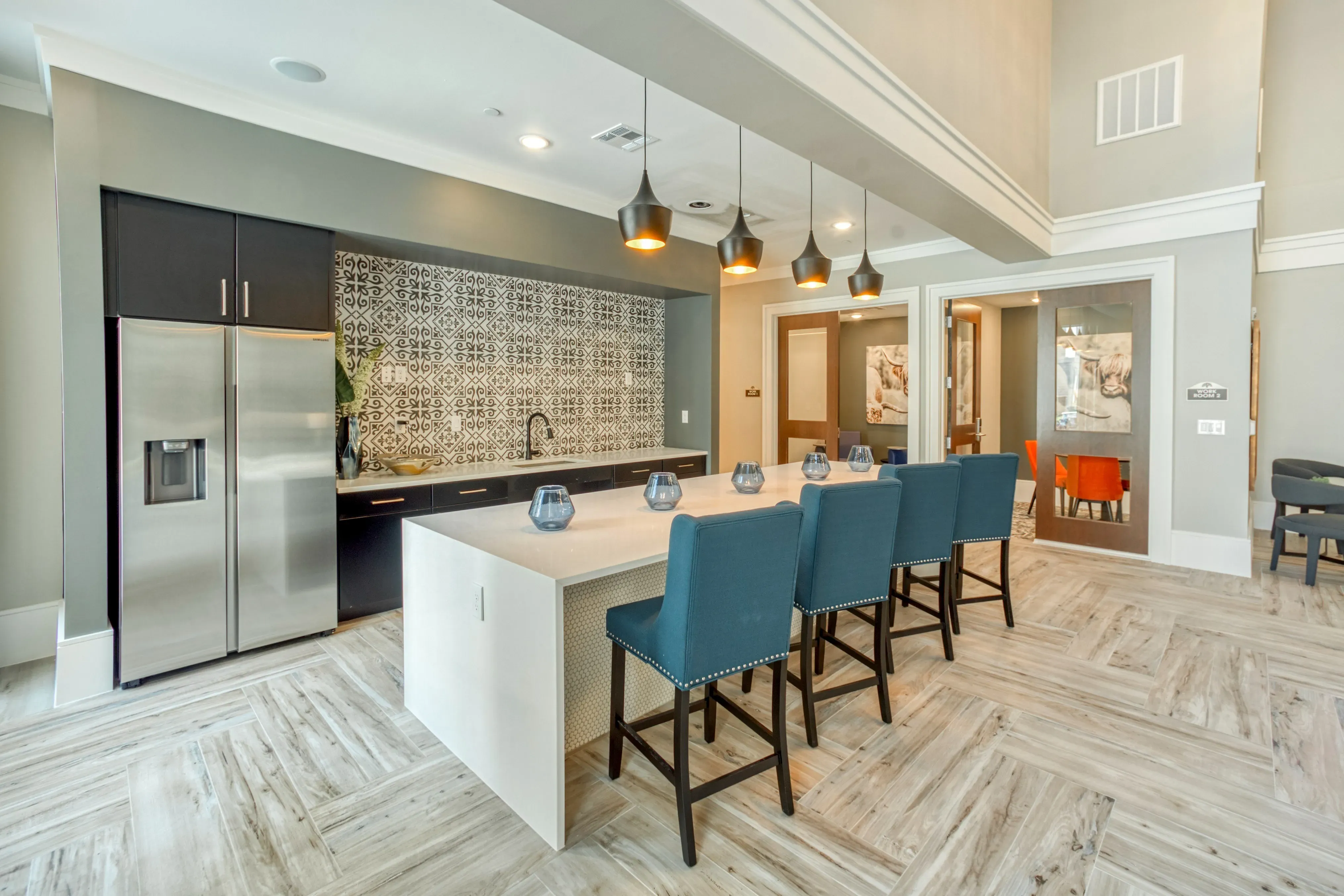 Eat-in bar with designer pendent lighting