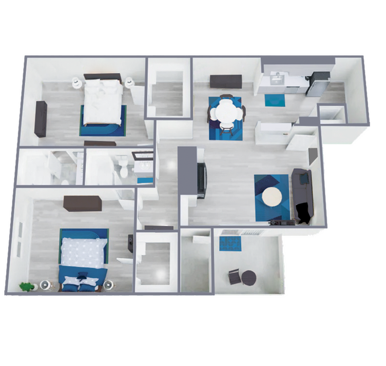 B2 Renovated floor plan featuring 2 bedrooms 2 bathrooms