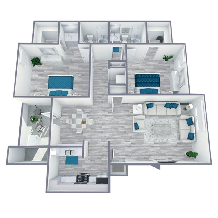 B2 Classic floor plan featuring 2 bedrooms 2 bathrooms