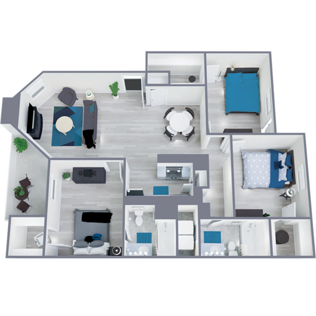 C1 Renovated floor plan featuring 3 bedrooms 2 bathrooms