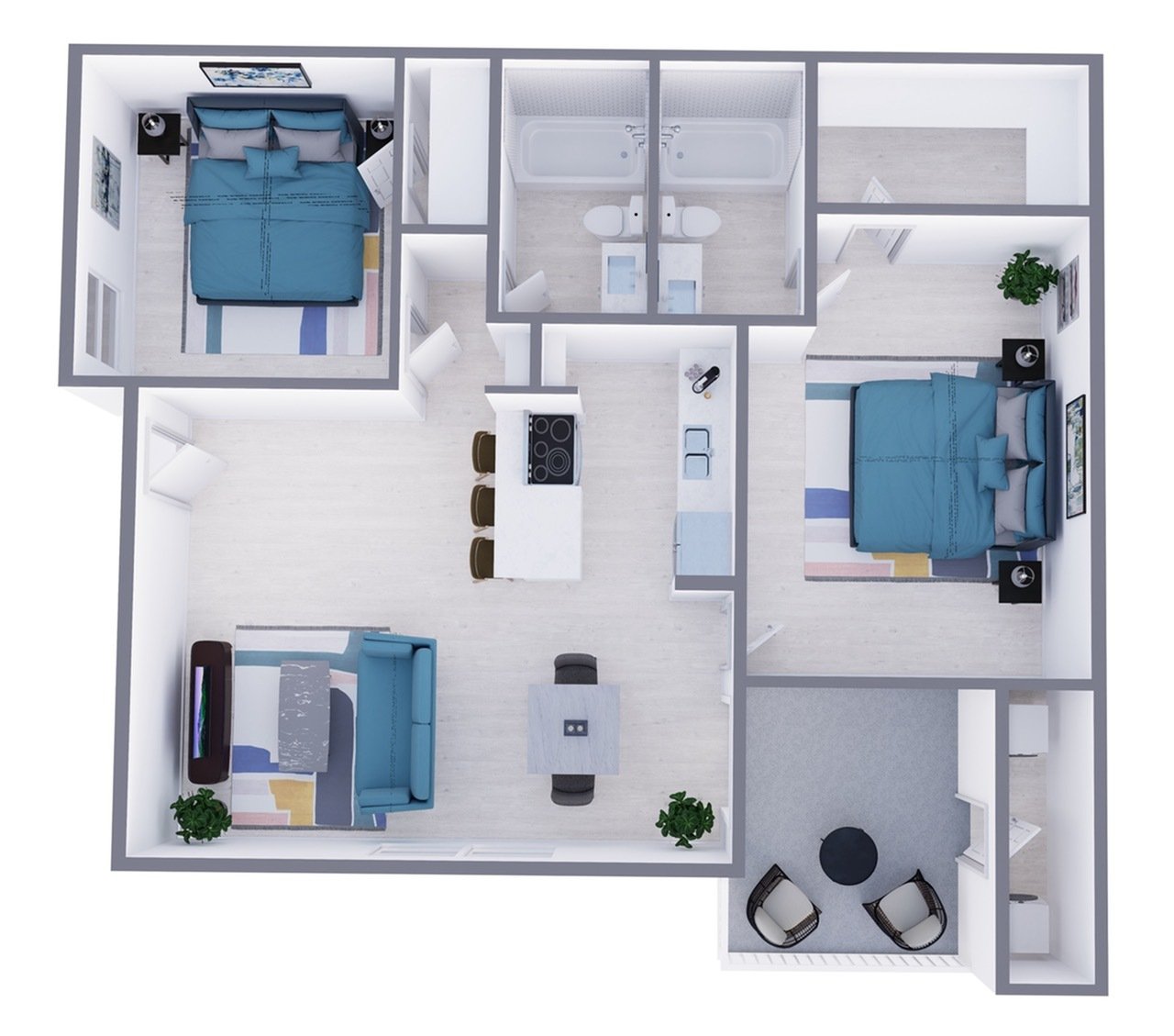B1 Renovated floor plan featuring 2 bedrooms 2 bathrooms