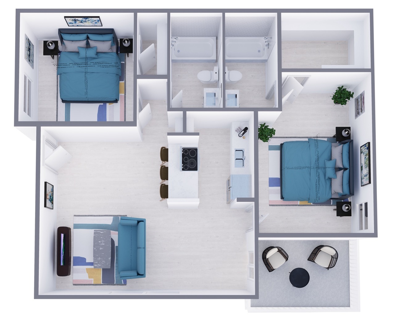 B2 Renovated floor plan featuring 2 bedrooms 2 bathrooms
