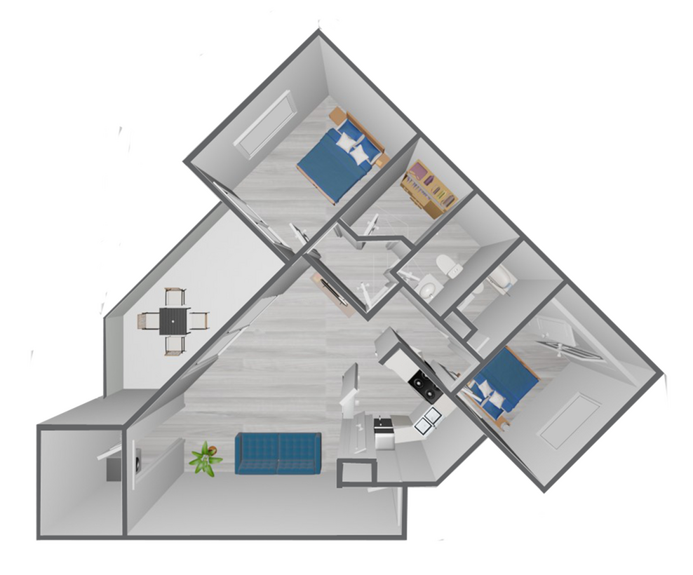 B3 Renovated floor plan featuring 2 bedrooms 2 bathrooms