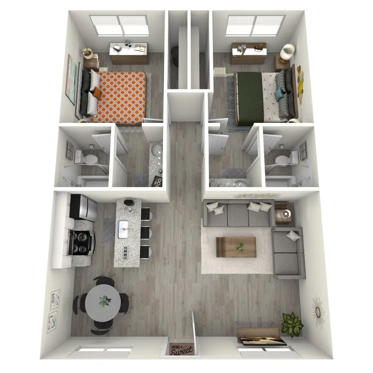 B1 Upgrade floor plan featuring 2 bedrooms 2 bathrooms