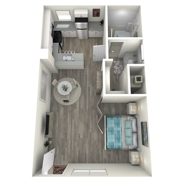 S2 Upgraded floor plan featuring studio bedroom 1 bathroom